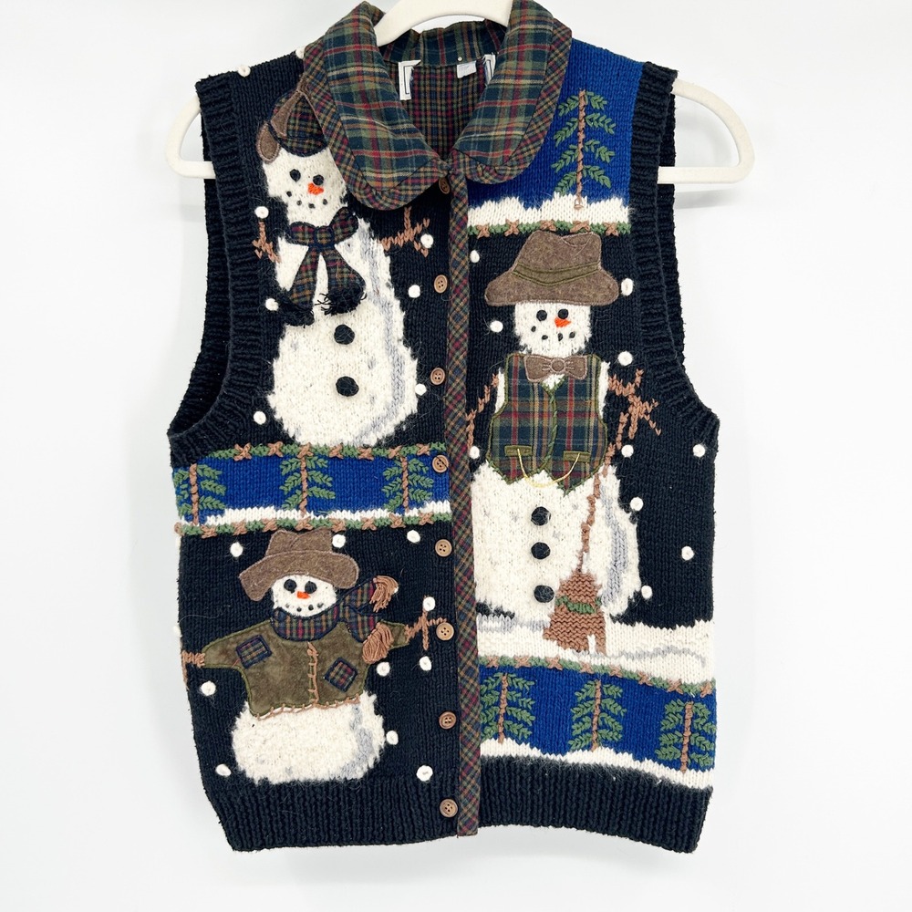 Womens Vintage Winter Novelty Snowman Plaid Collar Knit Fair Isle Sweater Vest S